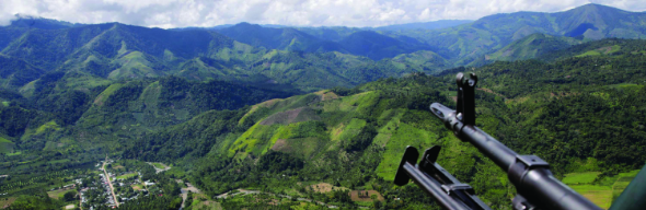Helicopter overlooking fields